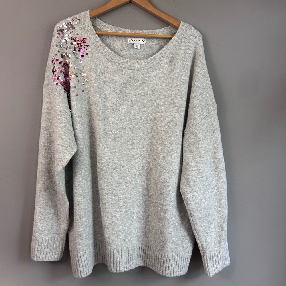 Ava & Viv Womens 2X Gray Sequin Shoulder Oversized Pullover Sweater Heathered